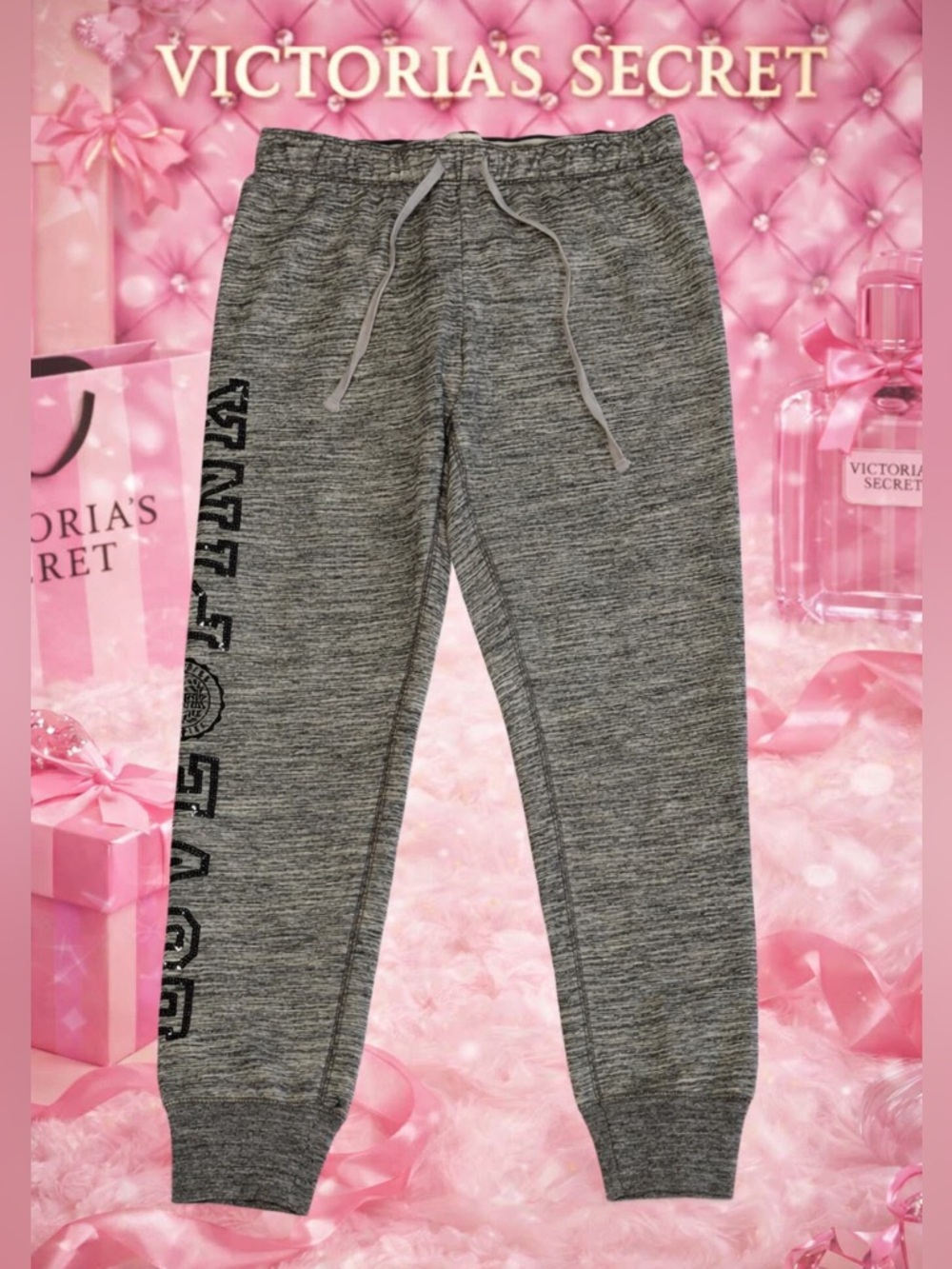 Victorias Secret Love Pink Gray Black Sequin Spellout Joggers Lounge Sweatpants